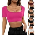 thumbnail image 1 of ZZwxWA Short Sleeve Square Neck Crop Top for Women Soft Workout Shirt Going Out Tops Sexy Slim Fitted Casual Base Layer, 1 of 5