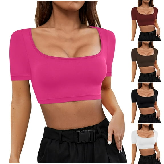 ZZwxWA Short Sleeve Square Neck Crop Top for Women Soft Workout Shirt Going Out Tops Sexy Slim Fitted Casual Base Layer