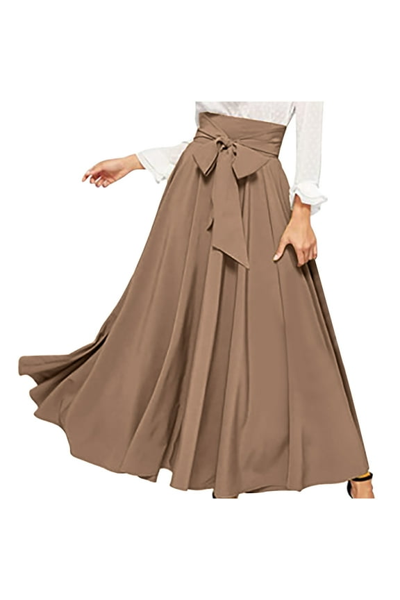 Skirts Women Elegant with Front Lace Up Pleats Fold Evening Cocktail Dance Summer Casual Solid Flowy Long High Waist Skirts Khaki XS