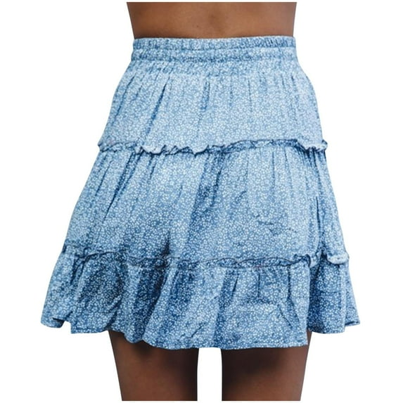 ZZwxWA Skirts Women Floral Print Fashion Fold Pleated Edge A-Line Confortable Summer Vacation Beach Cute Party Elastic Drawstring Flowy Skirt High Waist Skirts Sky Blue XXL