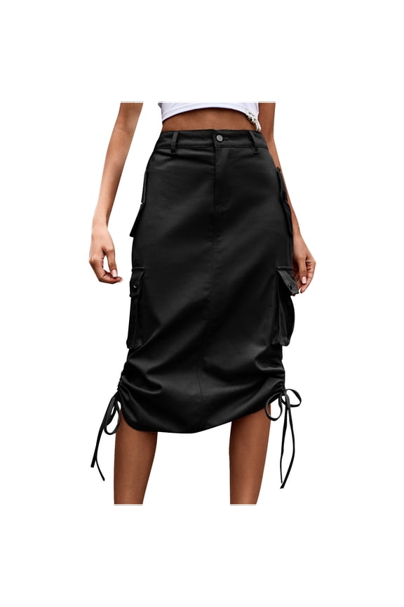Skirts for Womens Button Elastic High Waist Multi Pocket Cargo Skirts Women Fashion Workwear Below the Knee Solid Side Drawstring Ladies Wide Leg Skirt Pants