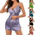 thumbnail image 1 of ZZwxWA Sleepwear Sets for Women Sexy V Neck Cami Nightwear and Side Lace Up Shorts Summer Lightweight 2 Piece Pajamas Set, 1 of 7