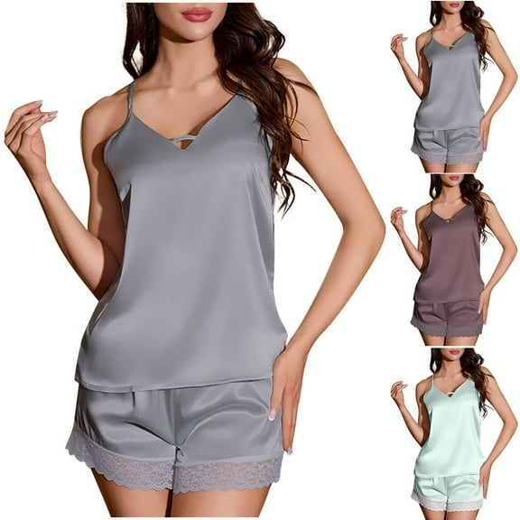 ZZwxWA Sleepwear Sets for Women V Neck Cami Tank Tops and Lace Trim Shorts Comfy Summer Lightweight Two Piece Pajamas Set