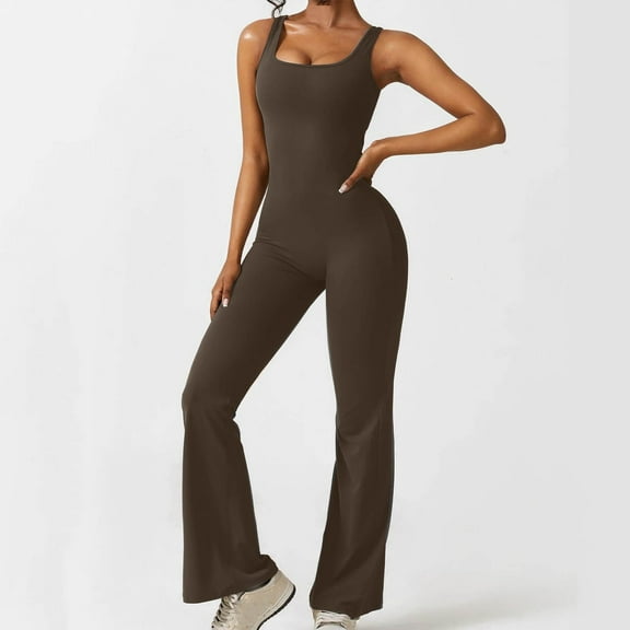 ZZwxWA Sleeveless Jumpsuit for Women Square Neck Wide Leg Full Length Romper Playsuit Yoga Bell Bottoms Jumpsuit Solid Color Womens Overalls