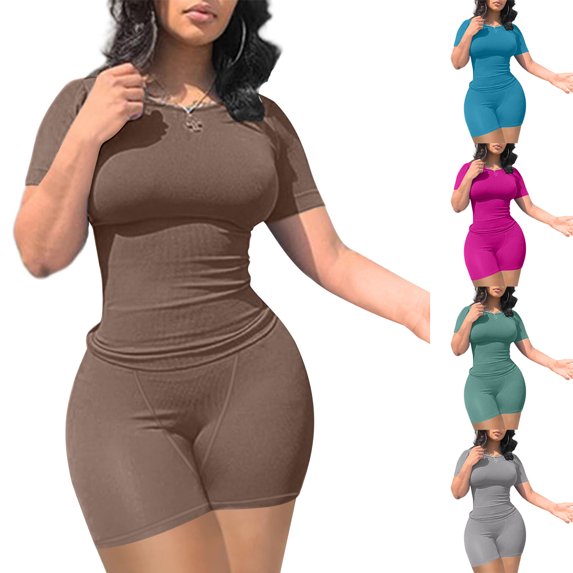 ZZwxWA Solid Color Womens Casual Workout Two Piece Outfits for Women Short Sleeve T-shirt+Elastic High Waist Shorts Sets Streetwear