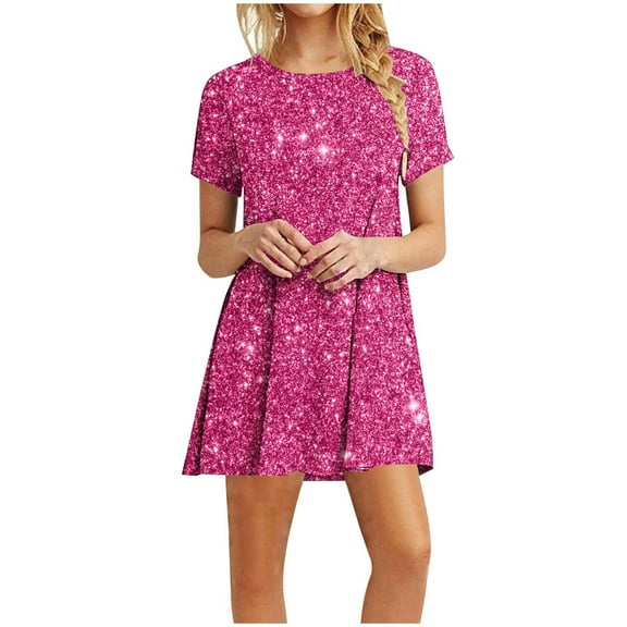 ZZwxWA Sparkly Glitter Dress, Sequin Summer Dress Short Flowy Tiered Tunic Dress for Women Party Club Night Short Sleeve Round Neck Sundress