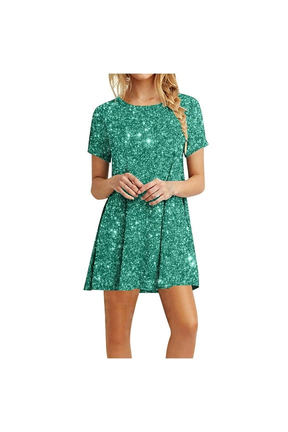 Sparkly Glitter Dress, Sequin Summer Dress Short Flowy Tiered Tunic Dress for Women Party Club Night Short Sleeve Round Neck Sundress