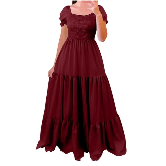 ZZwxWA Spring Summer Dresses for Women Puff Sleeve Square Neck Flowy Smocked Boho Maxi Dress Vintage Tiered Pleated Dresses High Waist A Line Sundress