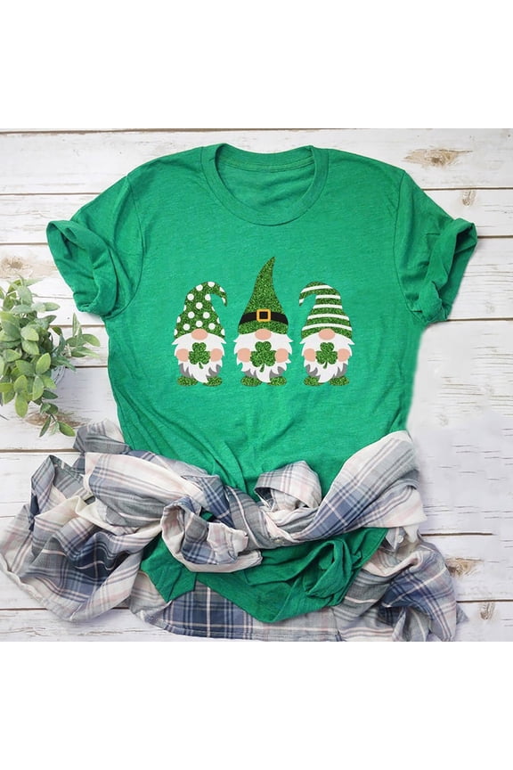 St. Patricks Day Shirt for Womens Cute Gnomes T-Shirt Shamrock Printed Shirts Short Sleeve Graphic Tees Tops