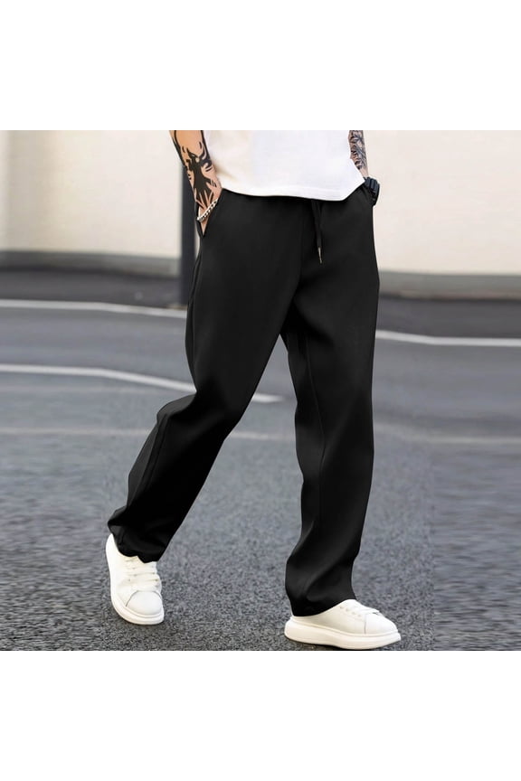 Straight Pants for Men Elastic Waist Solid Drawstring Casual Going out Sweatpants Comfy Slacks Fall Fashion Trousers Clearance Sale
