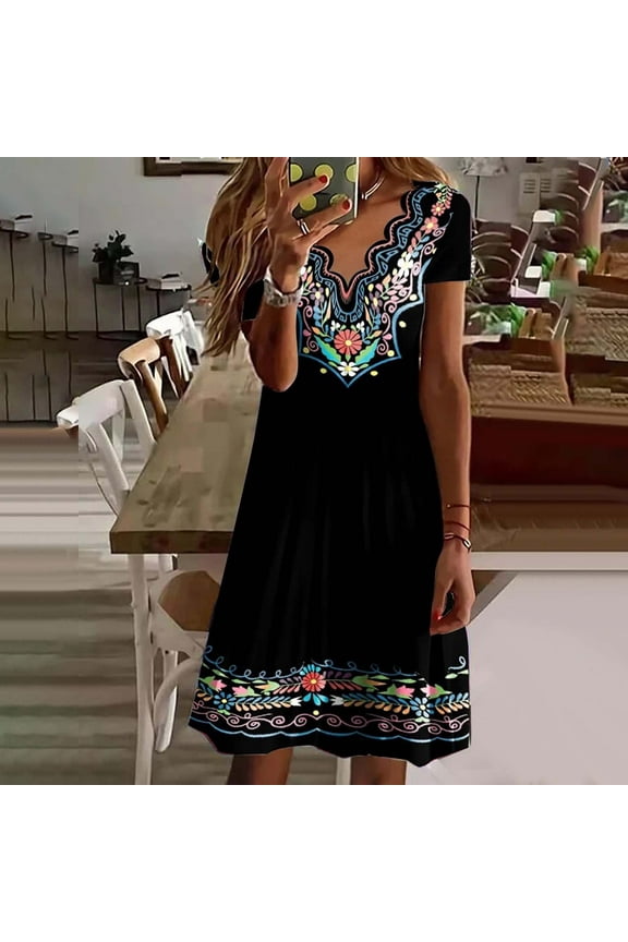 Summer Dress, Sundresses for Women, Womens Summer Dresses Midi Dresses for Women Casual Wave V Neck Fashion Print Short Sleeve Beach Party Dress