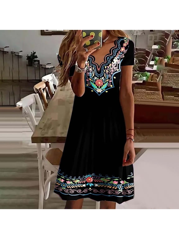Summer Dress, Sundresses for Women, Womens Summer Dresses Midi Dresses for Women Casual Wave V Neck Fashion Print Short Sleeve Beach Party Dress