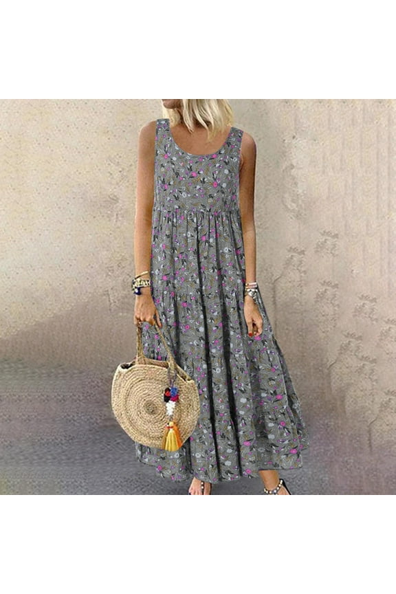 Summer Tank Dress for Women Sleeveless Cotton Linen Sundress Boho Floral Tiered Maxi Dress Plus Size Loose Beach Dress