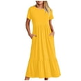 thumbnail image 1 of ZZwxWA Summer Dresses for Women Short Sleeve Casual High Waist Pleated Loose Fit with Pocket Swing Flowy Summer Vacation Beach Party Evening Club Solid Long Dress Round Neck Dresses Yellow S, 1 of 7