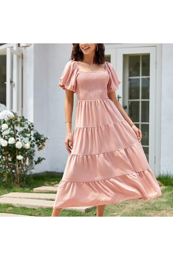 Summer Dresses for Women Short Sleeve Square Neck Solid Midi Dress Elegant Empire Waist Layer Swing Flowy Slim Summer Beach Casual Sundress Cocktail Party