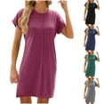 thumbnail image 1 of ZZwxWA Summer Dresses for Women 2025, Womens Solid Crewneck Short Sleeve T-Shirt Dress Loose Beach Vacation Mini Sundress, 1 of 7