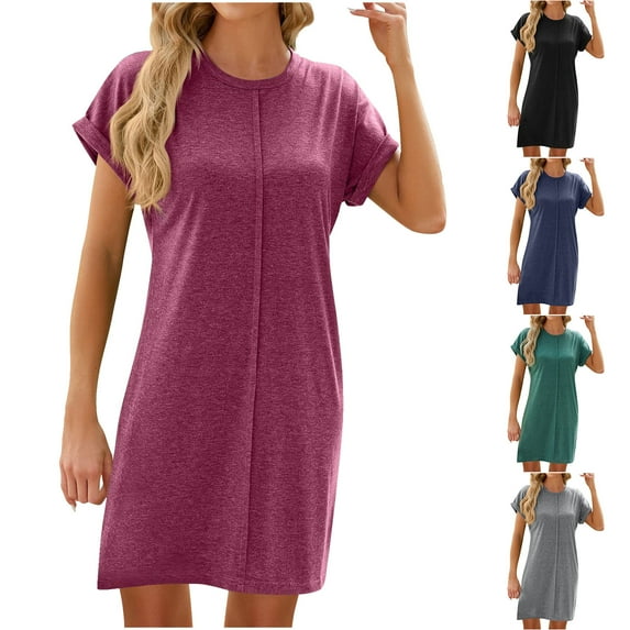 ZZwxWA Summer Dresses for Women 2025, Womens Solid Crewneck Short Sleeve T-Shirt Dress Loose Beach Vacation Mini Sundress