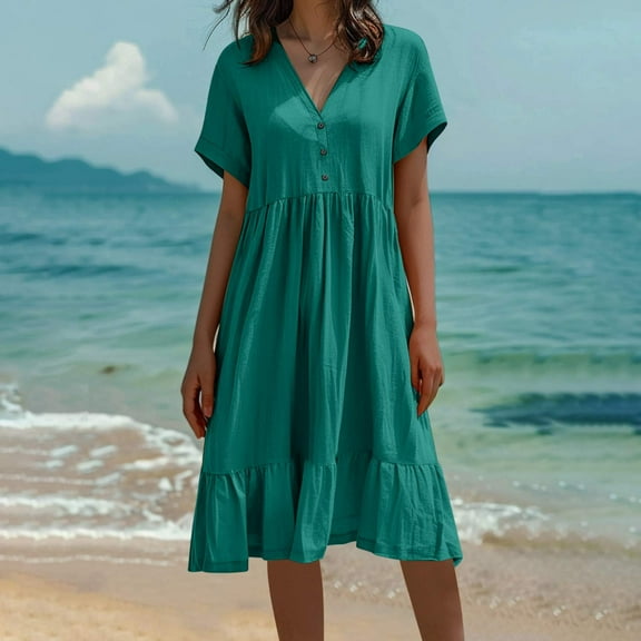 ZZwxWA Summer Dresses for Women V Neck Button Solid Causal Dress Vacation Short Sleeve Knee Length Dress A Line Flowy Dress