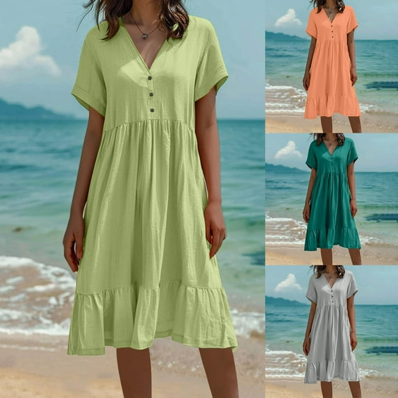 ZZwxWA Summer Dresses for Women V Neck Button Solid Causal Dress Vacation Short Sleeve Knee Length Dress A Line Flowy Dress