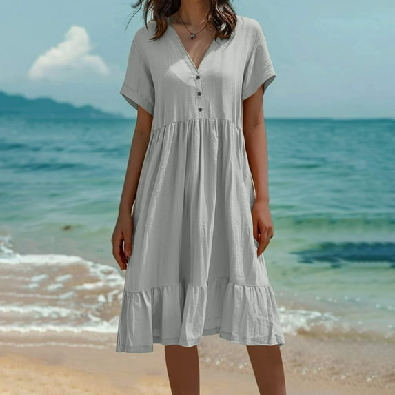 ZZwxWA Summer Dresses for Women V Neck Button Solid Causal Dress Vacation Short Sleeve Knee Length Dress A Line Flowy Dress