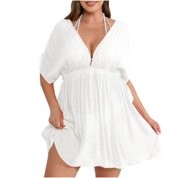 ZZwxWA Summer Oversized Women's Dress with Waistband and Large Hem Pleated Beach Bikini Cover Up Dress Short Sleeved V-neck Knee Length Dress