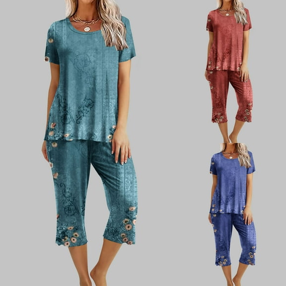 ZZwxWA Summer Pajamas for Women Capri Sets 2 Piece Outfits Comfy Soft Pjs Dressy Night Suits Lightweight Lounge Sleepwear