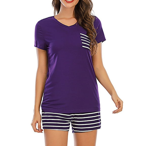 ZZwxWA Summer Pjs for Women Set, Women's Summer Pajamas Striped V-neck Short-sleeved Shorts Two-piece Suit Home Clothes Tax Free Weekend