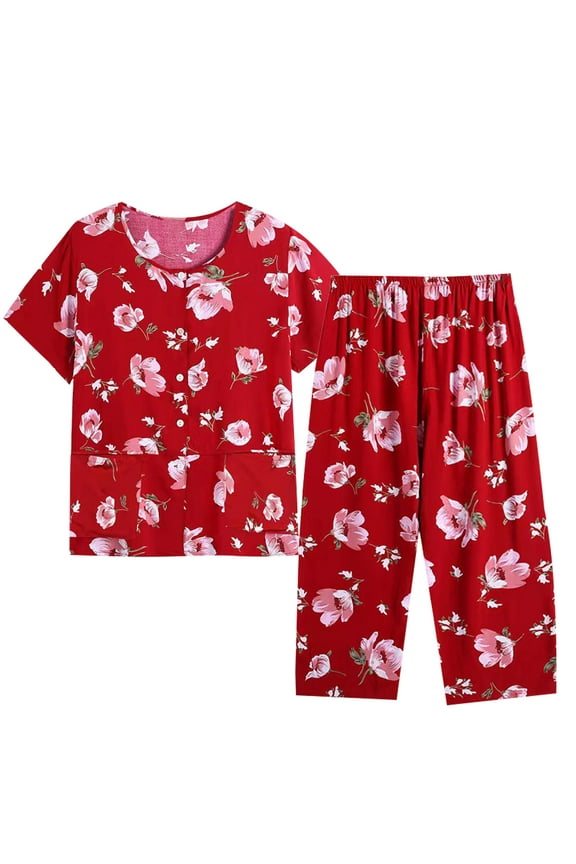 Summer Set for Women 2025 Trendy Floral Print Fashion Cotton Linen Summer Two-Piece Suit Pajamas Silk Comfortable Breathable Button Down Oversize Casual Sets Short Sleeve Outfits Red XXXXL