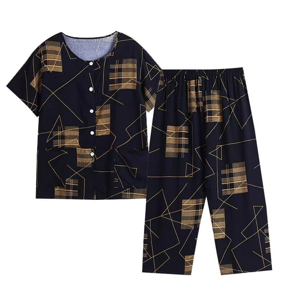 ZZwxWA Summer Set for Women 2025 Trendy Floral Print Fashion Cotton Linen Summer Two-Piece Suit Pajamas Silk Comfortable Breathable Button Down Oversize Casual Sets Short Sleeve Outfits Black XXXL