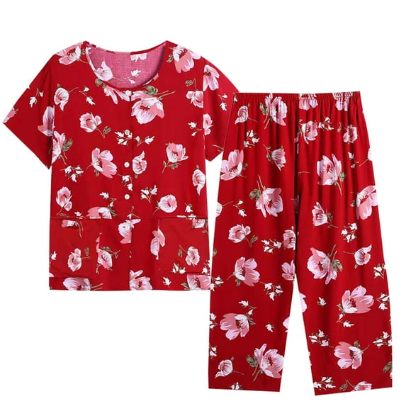 ZZwxWA Summer Set for Women 2025 Trendy Floral Print Fashion Cotton Linen Summer Two-Piece Suit Pajamas Silk Comfortable Breathable Button Down Oversize Casual Sets Short Sleeve Outfits Red XL