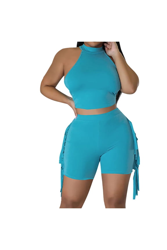 Summer Sexy Two Piece Short Set for Women Crop Tank Top and Biker Shorts Sets Bodycon Workout Outfit Jumpsuit