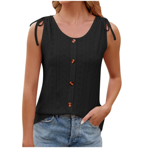 ZZwxWA Summer Tank Tops for Women 2025 Round Neck Button Down Shirt Sleeveless Drawstring Tank Top Eyelet Embroidery Shirt Holiday Gift Casual Vest up to 65% Off