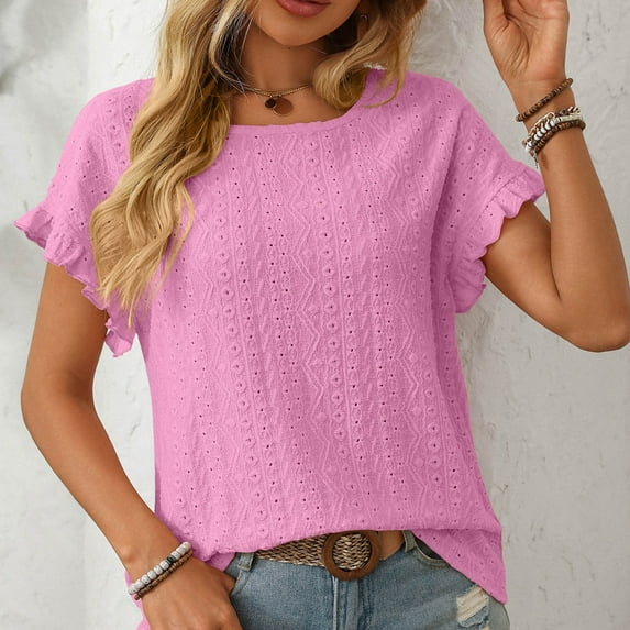 ZZwxWA Summer Tops for Women Dressy Casual Ruffle Short Sleeve Eyelet T Shirts Loose Fit Crewneck Pullover Blouses Solid Color