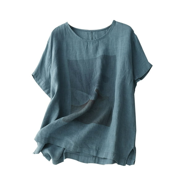 ZZwxWA Summer Tops for Women Short Sleeve Retro Print Round Neck Loose T-shirt Cotton Linen Casual Shirt Womens Blouse Today