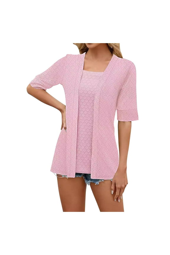 Summer Tops for Women Square Neck Shirts Eyelet 3/4 Sleeve Tunics Dressy Casual Patch Block Blouse T-Shirt