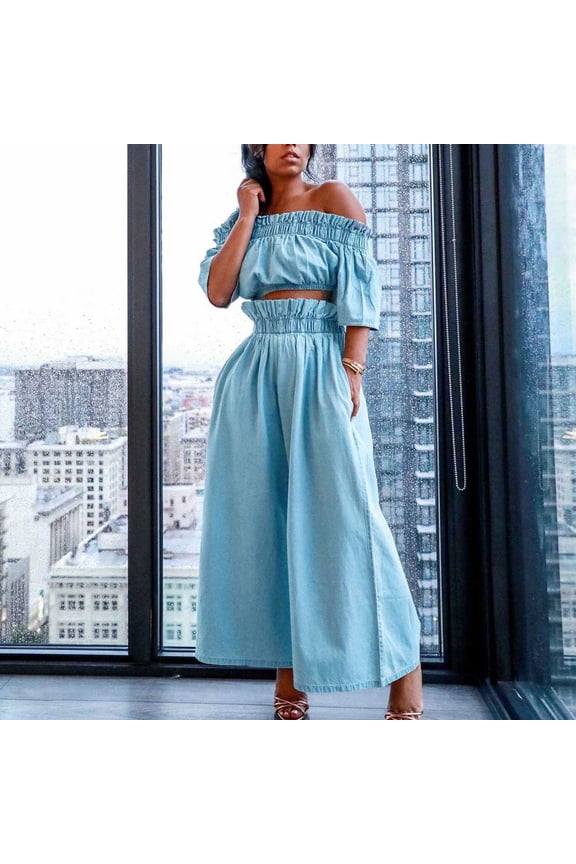 Summer Women 2 Piece Outfits Off Shoulder Ruffle Crop Top and Wide Leg Pants Lounge Sets Sexy Denim Tracksuits