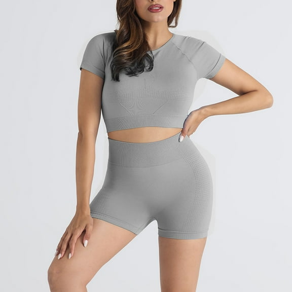 ZZwxWA Summer Women Seamless Yoga Outfits 2 Piece Workout Short Sleeve Crop Top with High Waisted Running Shorts Sets Activewear Solid