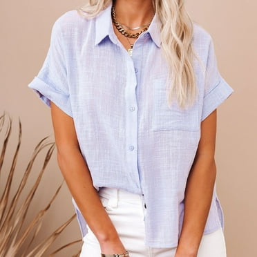 ZZwxWA Summer Womens Cotton Linen Short Sleeve Casual T-Shirt Lapel Round Neck with Button Pocket Front Blouse Solid Color Loose Fit