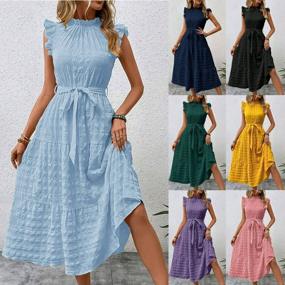 ZZwxWA Sundresses for Women 2025 Summer Wedding Guest Dresses Ruffle Mock Neck Long Dress Belted Flowy Casual Clothing