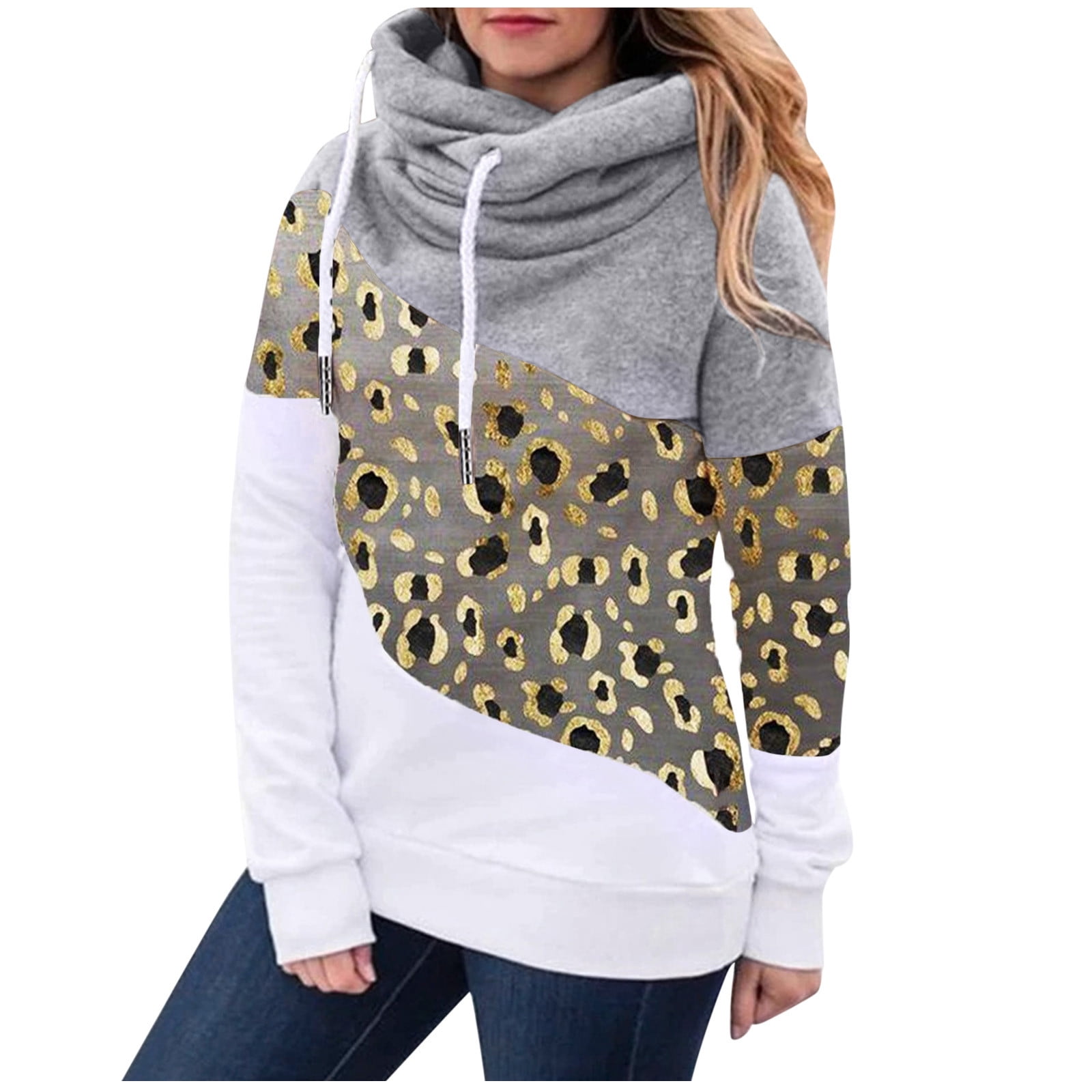 Xuan2Xuan3 Women's Color Block Camo Pullover Hoodie - Lightweight, Cowl Neck, Stripe Patchwork - View #7