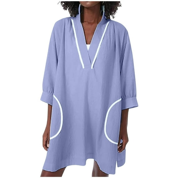 ZZwxWA Swimsuit Coverup Womens V Neck 3/4 Sleeve Casual Shirt Dress with Pockets