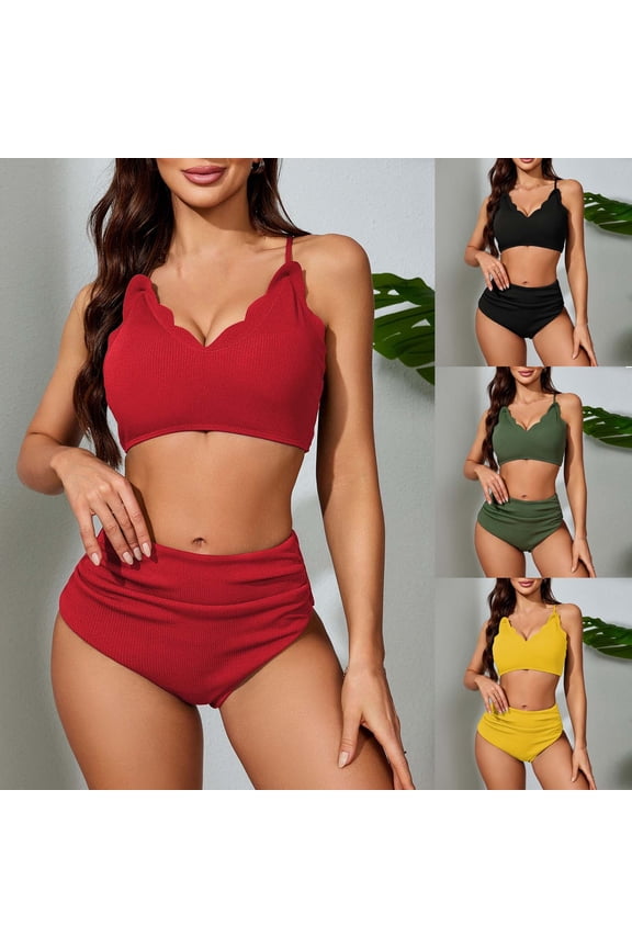Swimsuits for Women 2 Piece Beach Wave Trim Cami Bra & Belly Control Ruched Bikini Sets High Waisted Beachwear