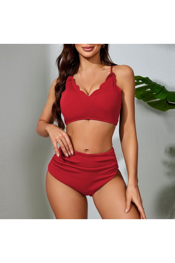 Swimsuits for Women 2 Piece Beach Wave Trim Cami Bra & Belly Control Ruched Bikini Sets High Waisted Beachwear