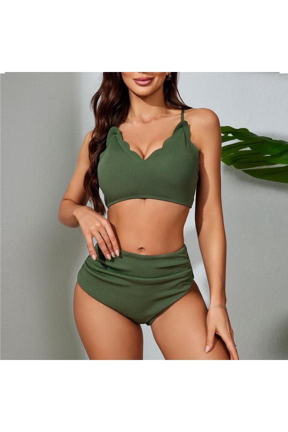 Swimsuits for Women 2 Piece Beach Wave Trim Cami Bra & Belly Control Ruched Bikini Sets High Waisted Beachwear