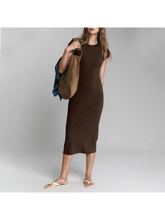 T Shirt Dresses for Women 2025 Maxi Dress Summer Casual Short Sleeve Crewneck Long Dress Beach Simple Solid Dress