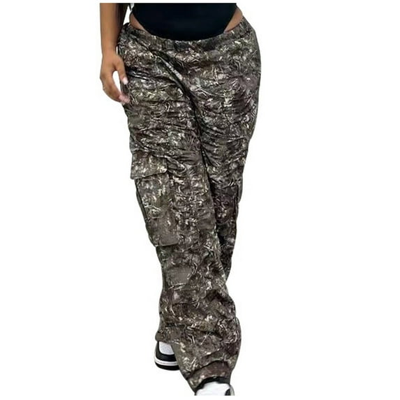 ZZwxWA Trendy Womens Wide Leg Comfy Pants Women's Elastic Multi Pocket Casual Overalls High Waist Womens Pants Camo Print Cargo Pants Straight Trousers On Sale