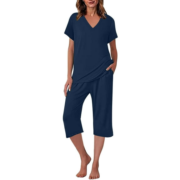 ZZwxWA Two Piece Sets for Women Summer Womens Pajamas Homewear Short Sleeve Tops and Capris Pants Solid Women's Casual Outfits Soft 2 Piece Nightwear Set My Order