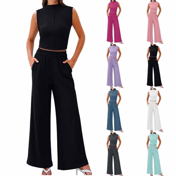 ZZwxWA Two Piece Sets for Women Sleeveless Crop Top Wide Leg Pants Sweat Set for Women Tracksuits 2025 Summer