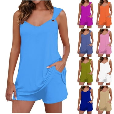 ZZwxWA Two Piece Short Set for Women O Ring Strap Tank Tops V Neck Summer Outfits for Women 2024 Comfy Airport Outfits 50% Off Clear