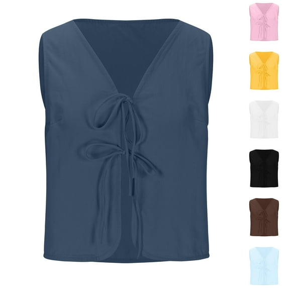ZZwxWA Vest for Women Cotton Linen Casual Tie Front V Neck Sleeveless Shirts Solid Color 2025 Fall Winter Soft Comfy Crop Tank Tops